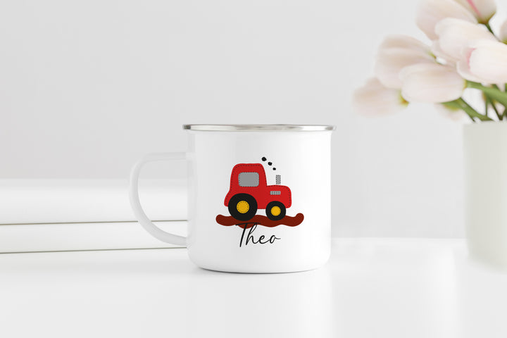 Personalisierter Emaillebecher | Traktor rot | Emaille Tasse | Rand schwarz oder silber | mit Namen | Geschenk Trecker Fans | Geburtstag