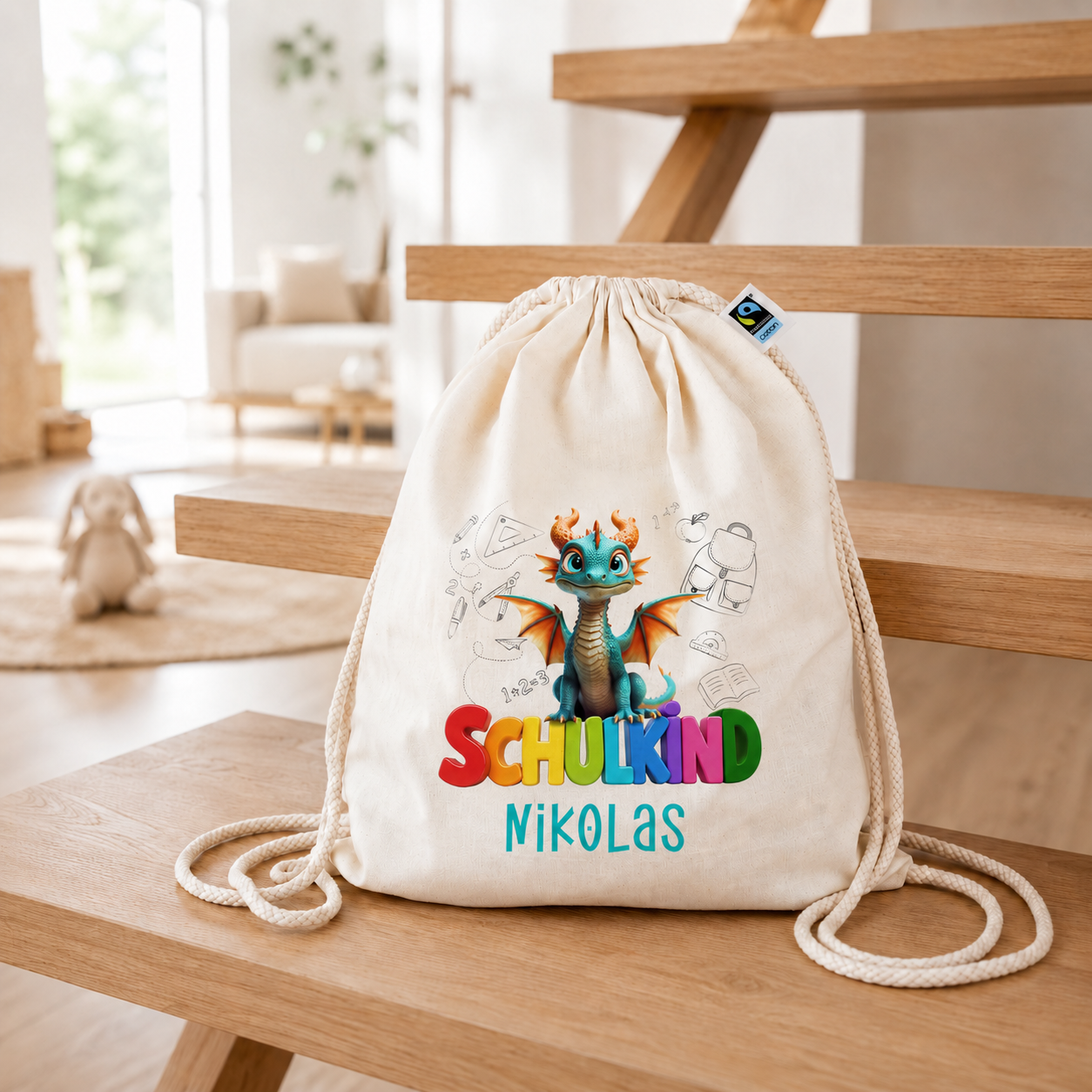 Turnbeutel aus Bio- Baumwolle mit Name | Schulkind Drache