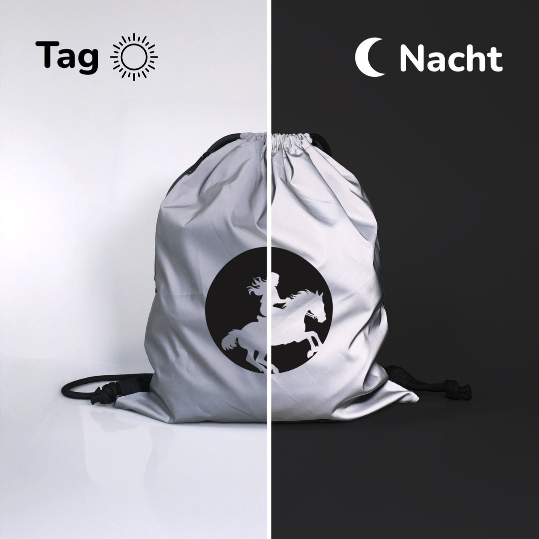 Turnbeutel Rucksack reflektierend | Pferd im Mond | leuchtend | erhöhte Sichtbarkeit und Sicherheit | für Schule | Sport | Kinder | Teens
