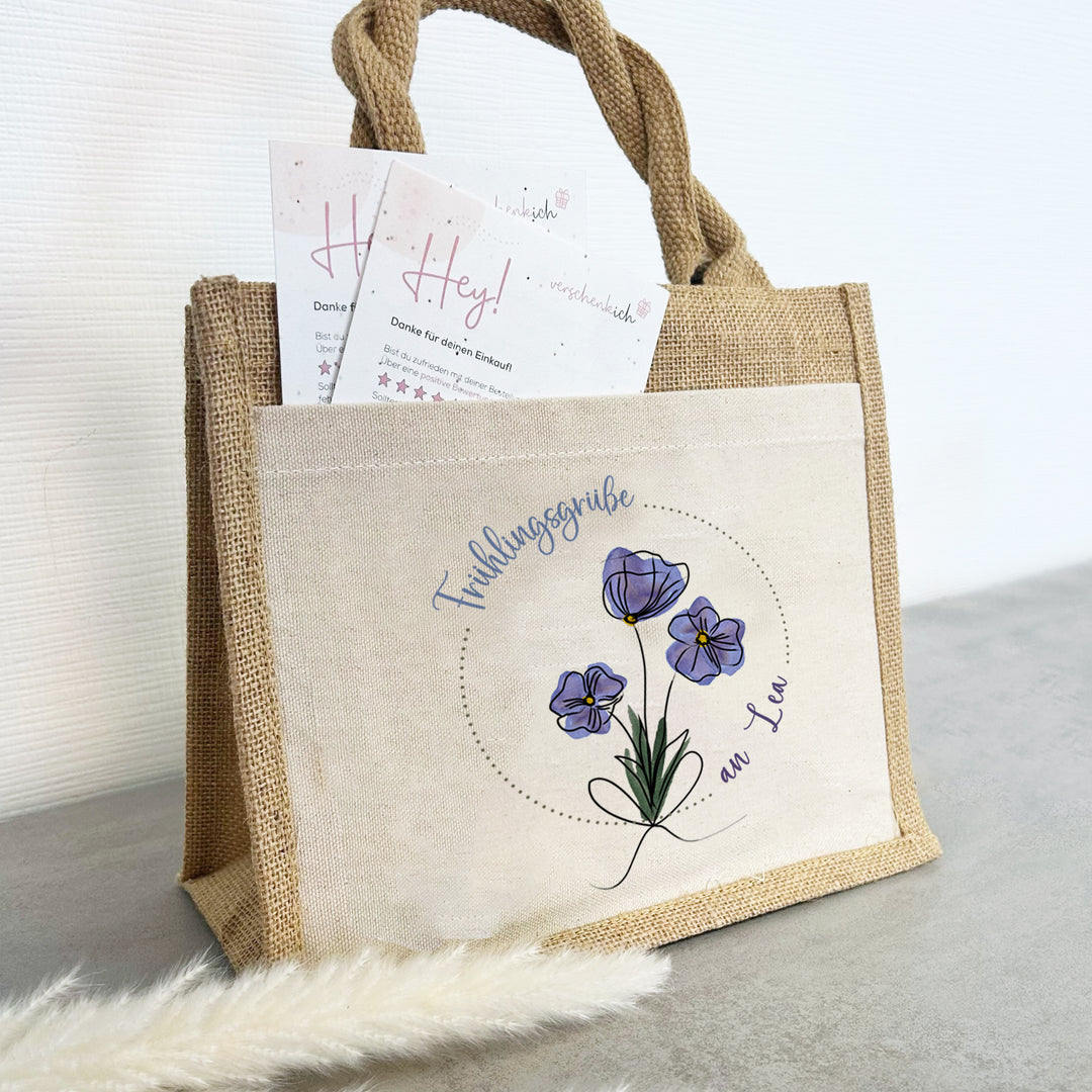 Personalisierte Jute Pocket Tasche | mit Wunschnamen | Frühling | Veilchen | an Blumen erfreuen | auch als Geschenktasche