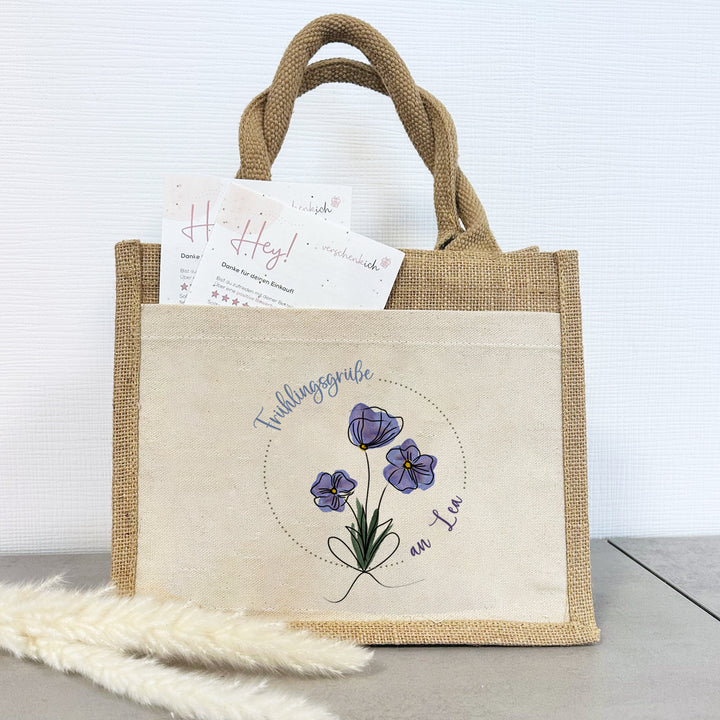 Personalisierte Jute Pocket Tasche | mit Wunschnamen | Frühling | Veilchen | an Blumen erfreuen | auch als Geschenktasche