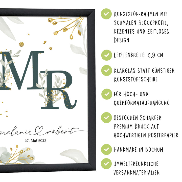 Personalisiertes Wandbild | mit Wunschnamen | Datum | Initialen floral | DIN A4 | mit Rahmen und Echtglas | Poster für Paare zum Jahrestag