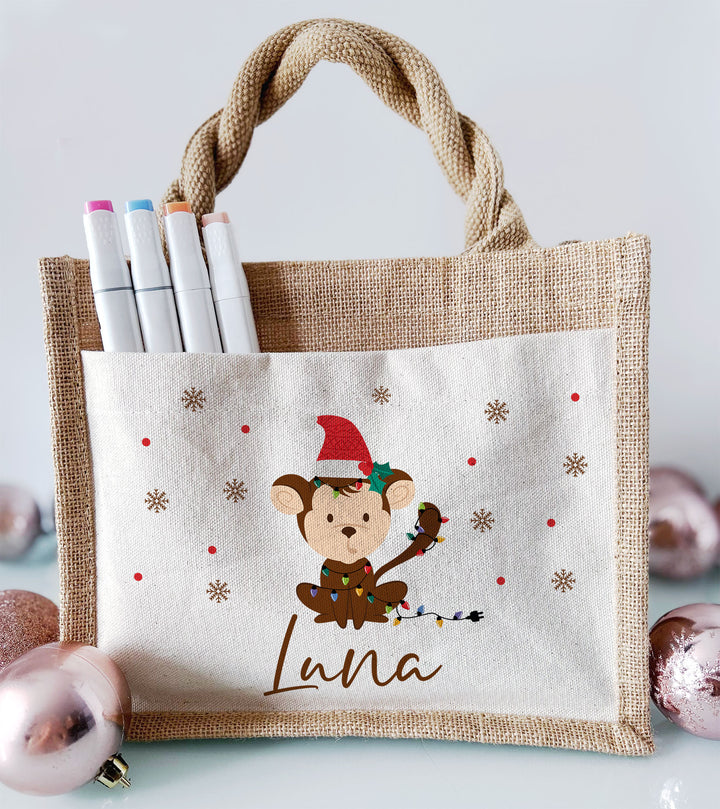 Personalisierte Jute Pocket Tasche | mit Wunschnamen | Weihnachts- Affe | Tierkinder | Geschenktasche für Weihnachten