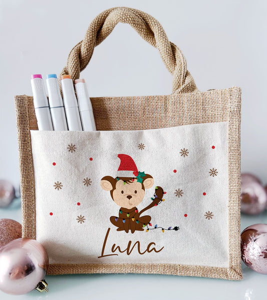 Jute Pocket Tasche mit Namen | Weihnachts- Affe