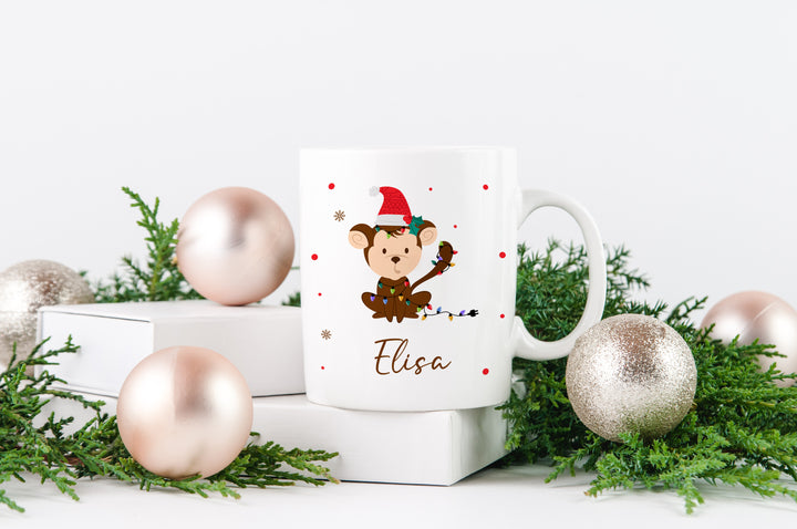 Personalisierte Tasse | mit Wunschnamen | Weihnachts- Affe | Tierkinder | Geschenk für Weihnachten, Nikolaus und Adventszeit