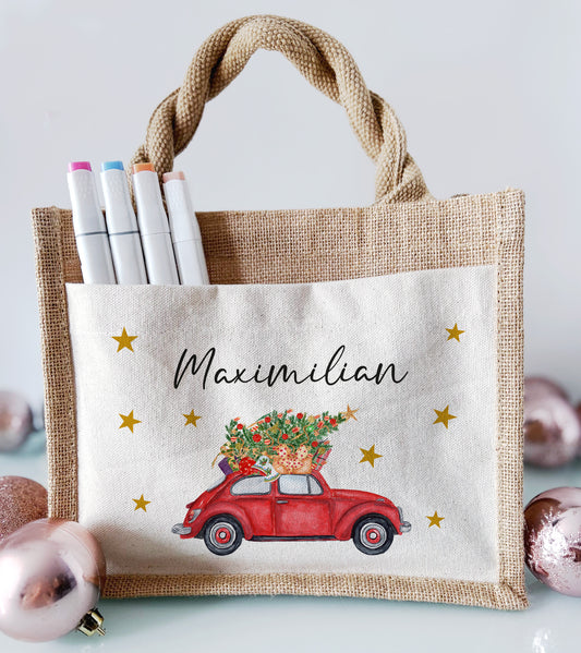 Jute Pocket Tasche mit Namen | Auto mit Weihnachtsbaum
