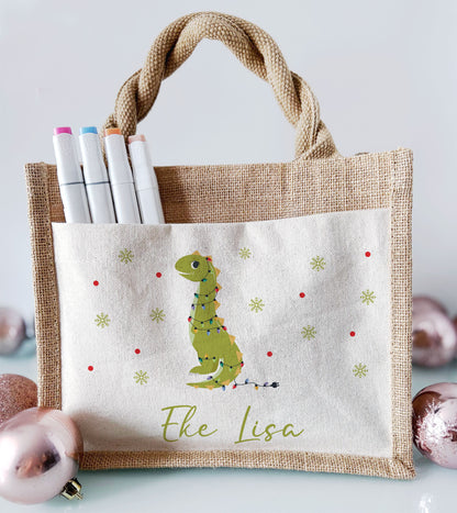 Jute Pocket Tasche mit Namen | Weihnachts- Dino