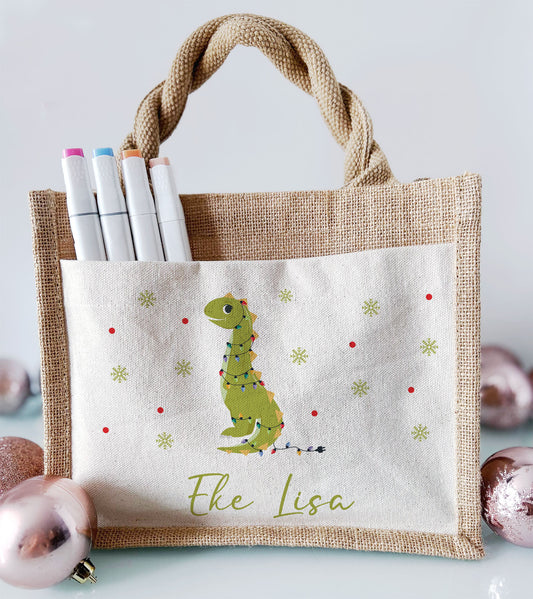Jute Pocket Tasche mit Namen | Weihnachts- Dino