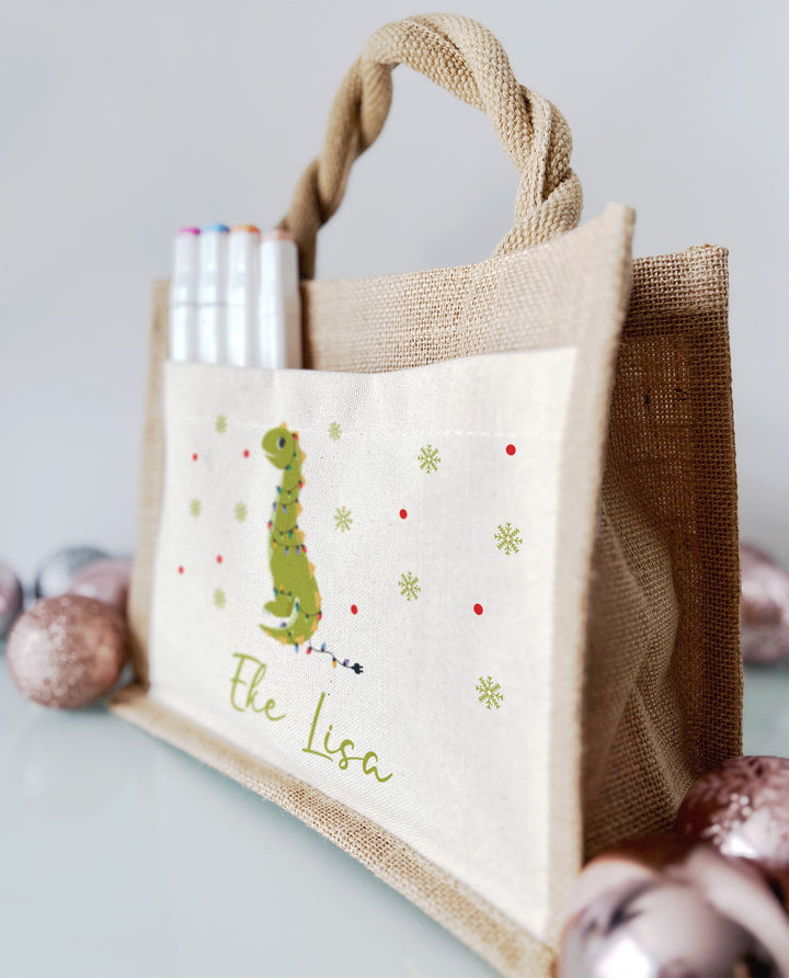Personalisierte Jute Pocket Tasche | mit Wunschnamen | Weihnachts- Dino | Tierkinder | Geschenktasche für Weihnachten