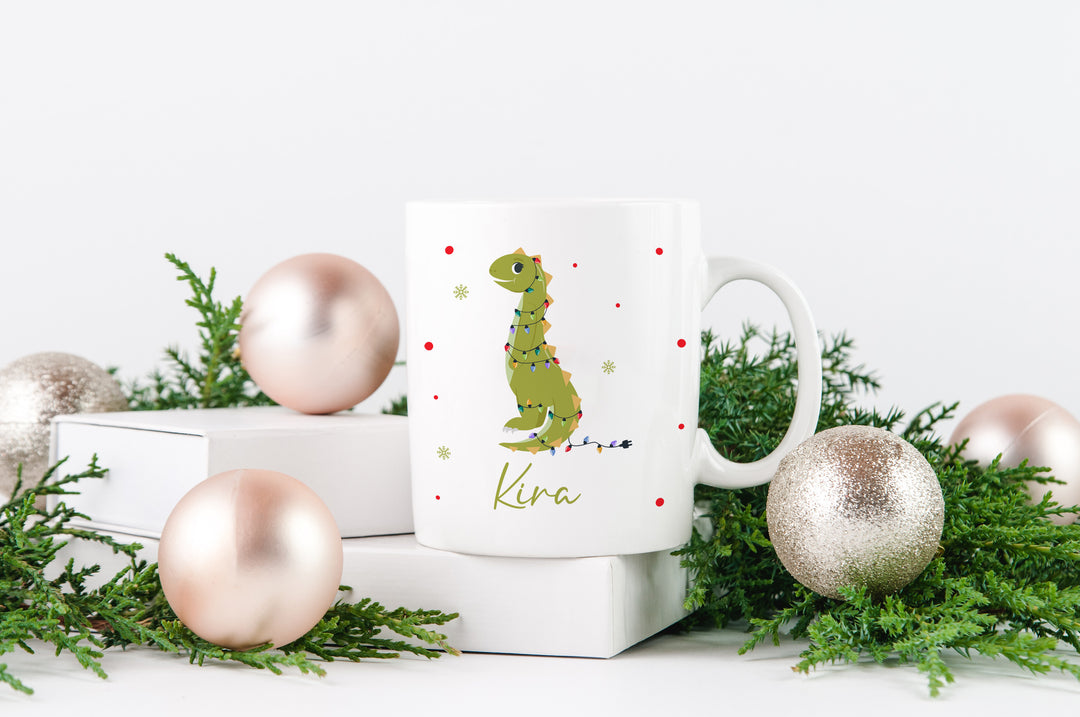 Personalisierte Tasse | mit Wunschnamen | Weihnachts- Dino | Tierkinder | Geschenk für Weihnachten, Nikolaus und Adventszeit