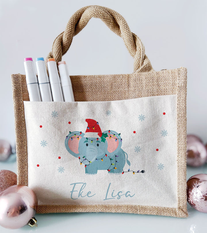 Personalisierte Jute Pocket Tasche | mit Wunschnamen | Weihnachts- Elefant | Tierkinder | Geschenktasche für Weihnachten