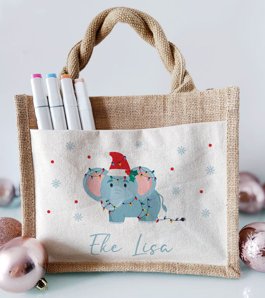 Jute Pocket Tasche mit Namen | Weihnachts- Elefant