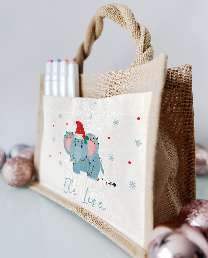 Personalisierte Jute Pocket Tasche | mit Wunschnamen | Weihnachts- Elefant | Tierkinder | Geschenktasche für Weihnachten