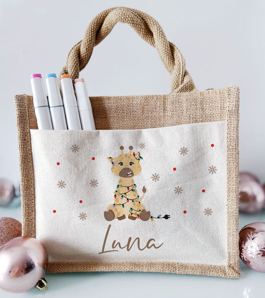 Jute Pocket Tasche mit Namen | Weihnachts- Giraffe