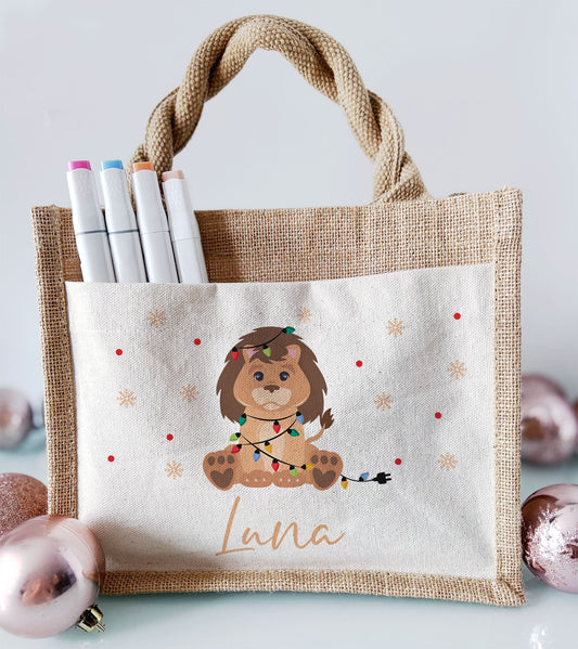 Jute Pocket Tasche mit Namen | Weihnachts- Löwe
