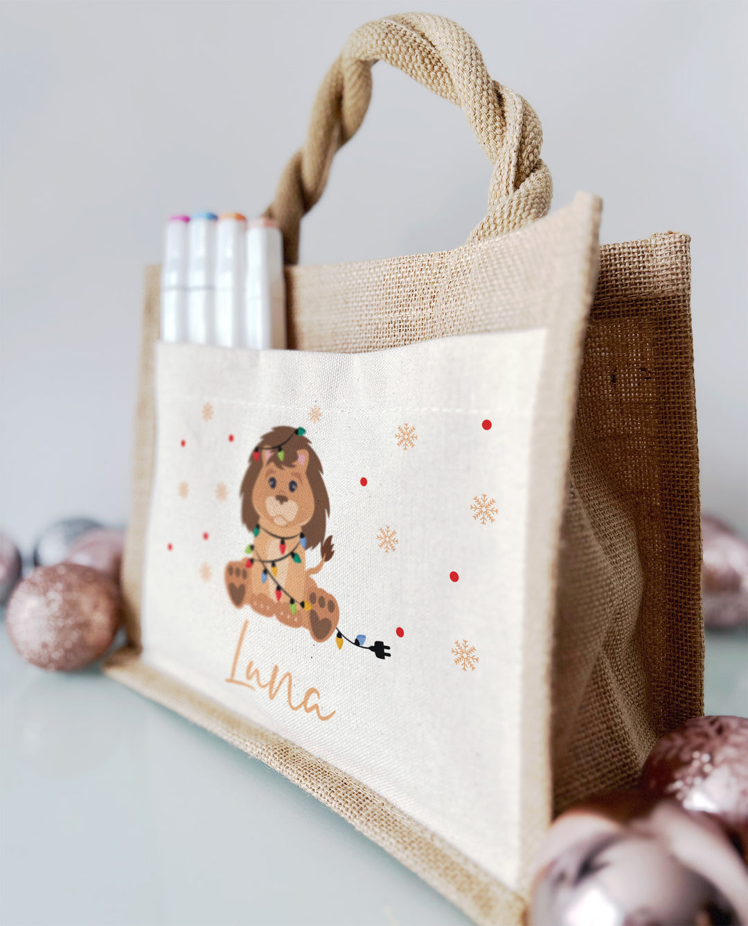 Personalisierte Jute Pocket Tasche | mit Wunschnamen | Weihnachts- Löwe | Tierkinder | Geschenktasche für Weihnachten
