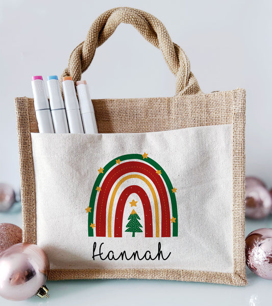 Jute Pocket Tasche mit Namen | Weihnachts- Regenbogen