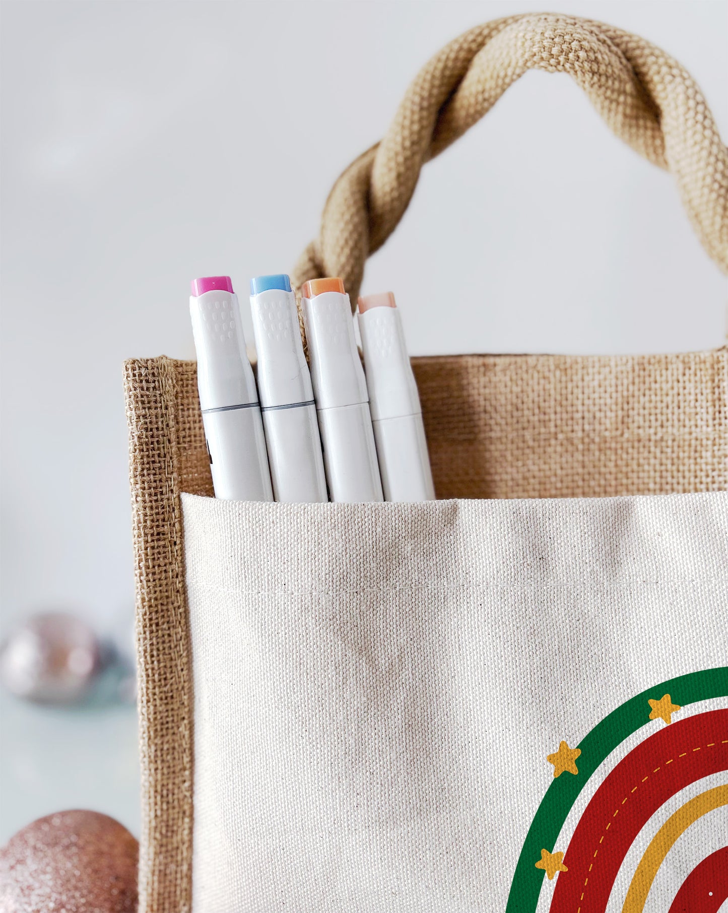 Jute Pocket Tasche mit Namen | Weihnachts- Regenbogen