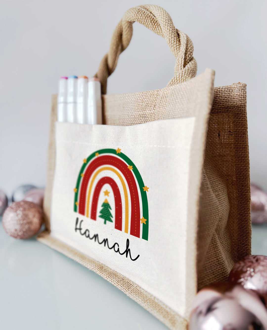 Personalisierte Jute Pocket Tasche | mit Wunschnamen | Regenbogen | Geschenktasche für Weihnachten
