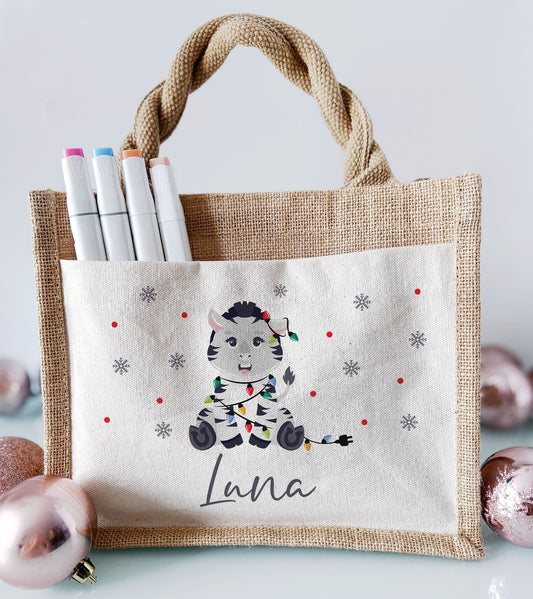 Jute Pocket Tasche mit Namen | Weihnachts- Zebra