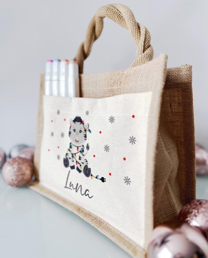 Personalisierte Jute Pocket Tasche | mit Wunschnamen | Weihnachts- Zebra | Tierkinder | Geschenktasche für Weihnachten