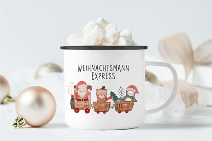 Emaille Tasse mit Name | Weihnachtsmann Express