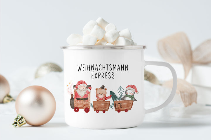 Personalisierter Emaillebecher | Emaille Tasse | Rand silber oder schwarz | mit Name | Weihnachtsmann Express | Weihnachten und Adventszeit