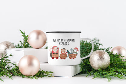 Emaille Tasse mit Name | Weihnachtsmann Express