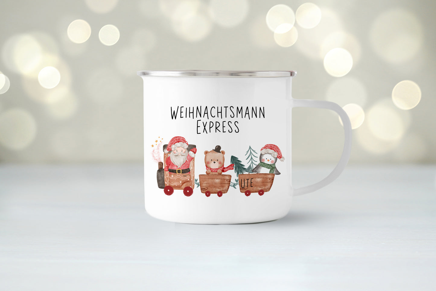 Emaille Tasse mit Name | Weihnachtsmann Express