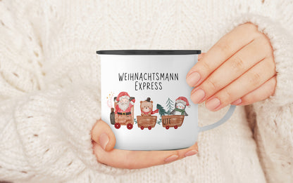 Emaille Tasse mit Name | Weihnachtsmann Express