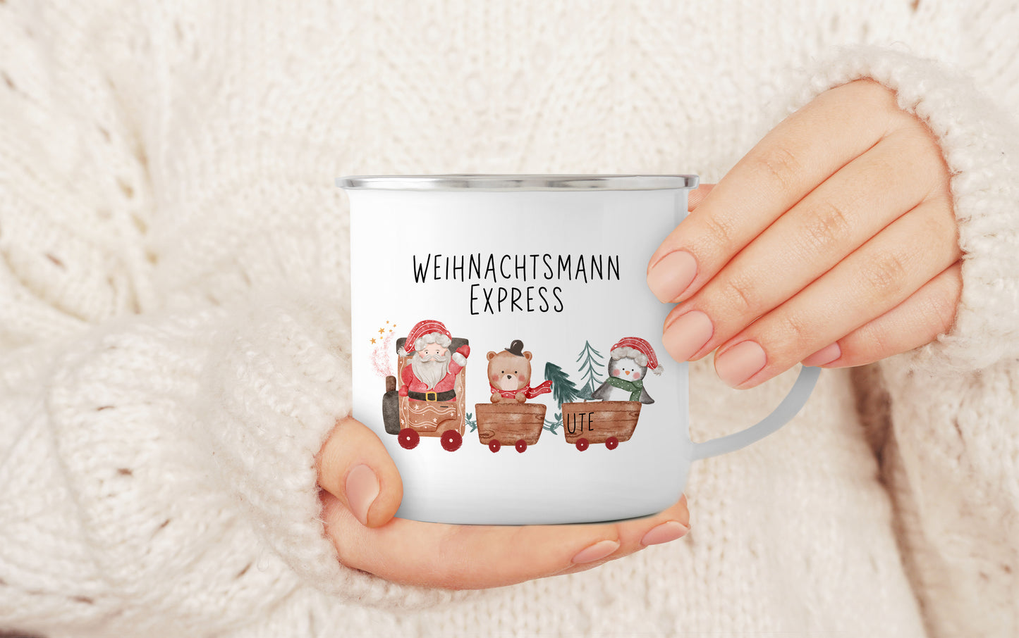 Emaille Tasse mit Name | Weihnachtsmann Express