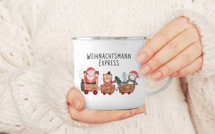 Personalisierter Emaillebecher | Emaille Tasse | Rand silber oder schwarz | mit Name | Weihnachtsmann Express | Weihnachten und Adventszeit