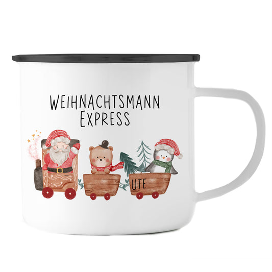 Emaille Tasse mit Name | Weihnachtsmann Express