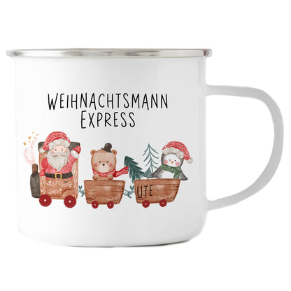 Emaille Tasse mit Name | Weihnachtsmann Express