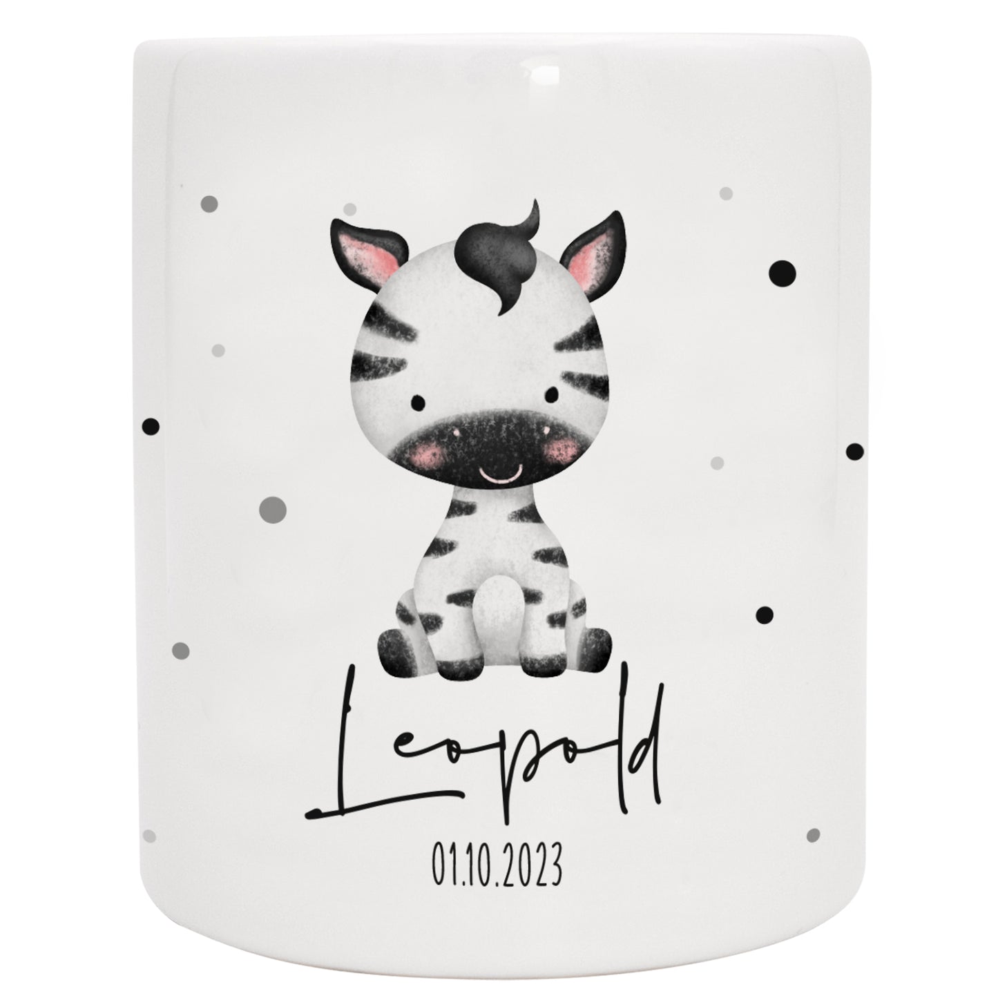 Keramik Spardose mit Name + Datum | Tierkinder - Zebra