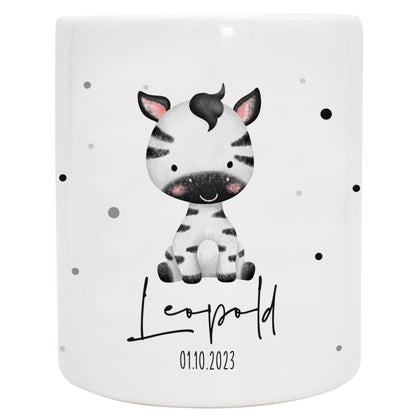 Keramik Spardose mit Name + Datum | Tierkinder - Zebra