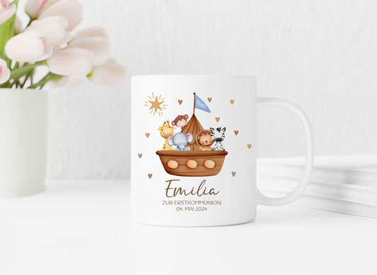 Arche Noah blau | Tasse zur Taufe, Kommunion oder Konfirmation | mit Namen und Datum personalisiert - verschenkich.de