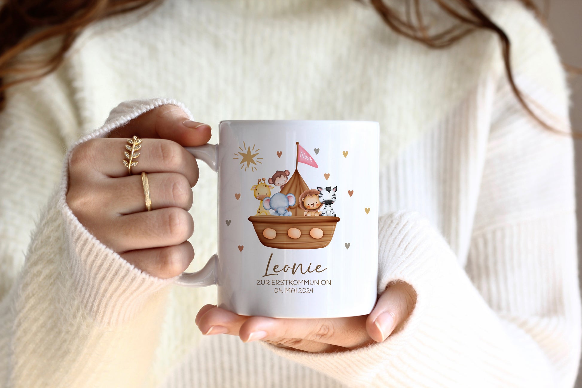 Arche Noah rosa | Tasse zur Taufe, Kommunion oder Konfirmation | mit Namen und Datum personalisiert - verschenkich.de