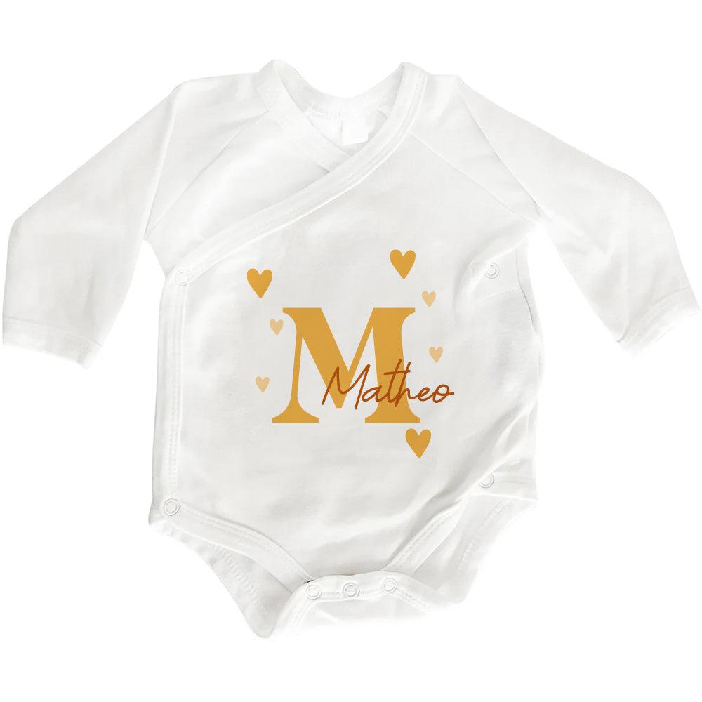 Baby Body Langarm | Wickelbody aus Bio-Baumwolle | Initiale in gold gelb mit Name - verschenkich.de