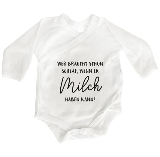 Baby Wickelbody aus Bio-Baumwolle | Wer braucht schon Schlaf, wenn er Milch haben kann | Langarm Baby Body | Perfektes Geschenk zur Geburt - verschenkich.de