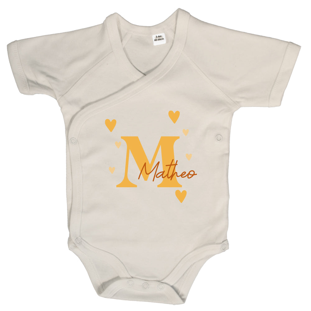 Baby Body Kurzarm mit Name | Wickelbody aus Bio-Baumwolle | Initiale in gold gelb