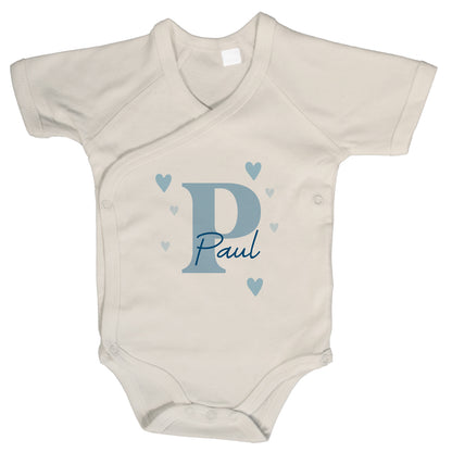 Baby Body Kurzarm mit Name |  Wickelbody aus Bio-Baumwolle | Initiale in blau