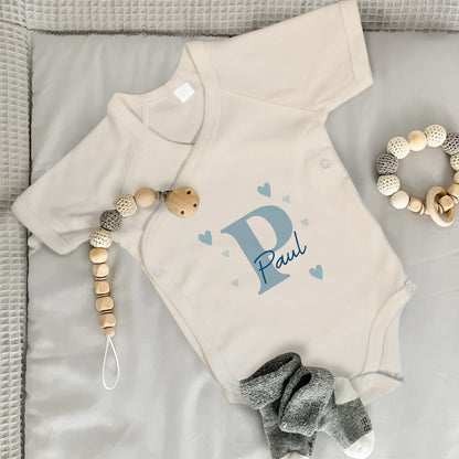 Baby Body Kurzarm mit Name |  Wickelbody aus Bio-Baumwolle | Initiale in blau
