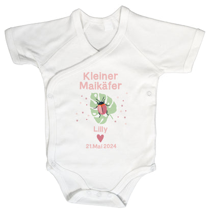 Baby Body Kurzarm mit Name & Datum | Wickelbody aus Bio-Baumwolle | Kleiner Maikäfer in Rosa