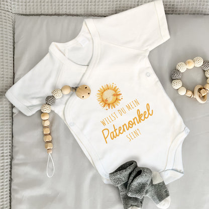 Baby Body Kurzarm mit Spruch | Wickelbody aus Bio-Baumwolle | Willst du mein Patenonkel sein?