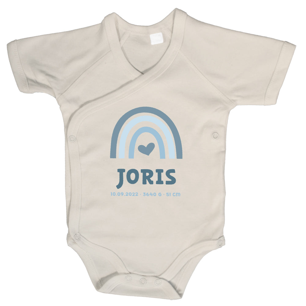 Baby Body Kurzarm mit Name & Geburtsdaten | Wickelbody aus Bio-Baumwolle | Regenbogen Blau
