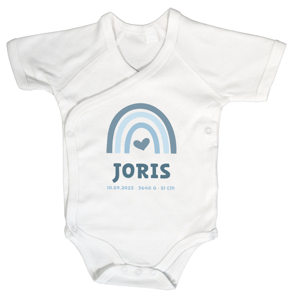 Baby Body Kurzarm mit Name & Geburtsdaten | Wickelbody aus Bio-Baumwolle | Regenbogen Blau