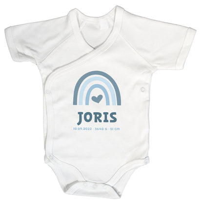 Baby Body Kurzarm mit Name & Geburtsdaten | Wickelbody aus Bio-Baumwolle | Regenbogen Blau