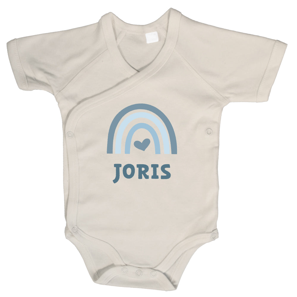Baby Body Kurzarm mit Name & Geburtsdaten | Wickelbody aus Bio-Baumwolle | Regenbogen Blau