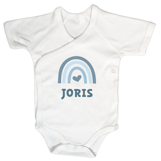 Baby Body Kurzarm mit Name & Geburtsdaten | Wickelbody aus Bio-Baumwolle | Regenbogen Blau